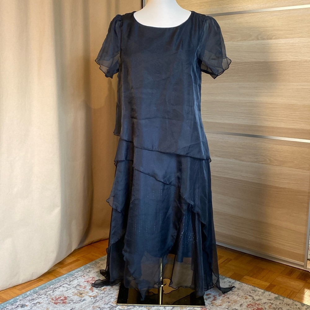 S.Deer Women’s Sheer Layered Midi Dress Size S Black Chiffon Short Sleeve